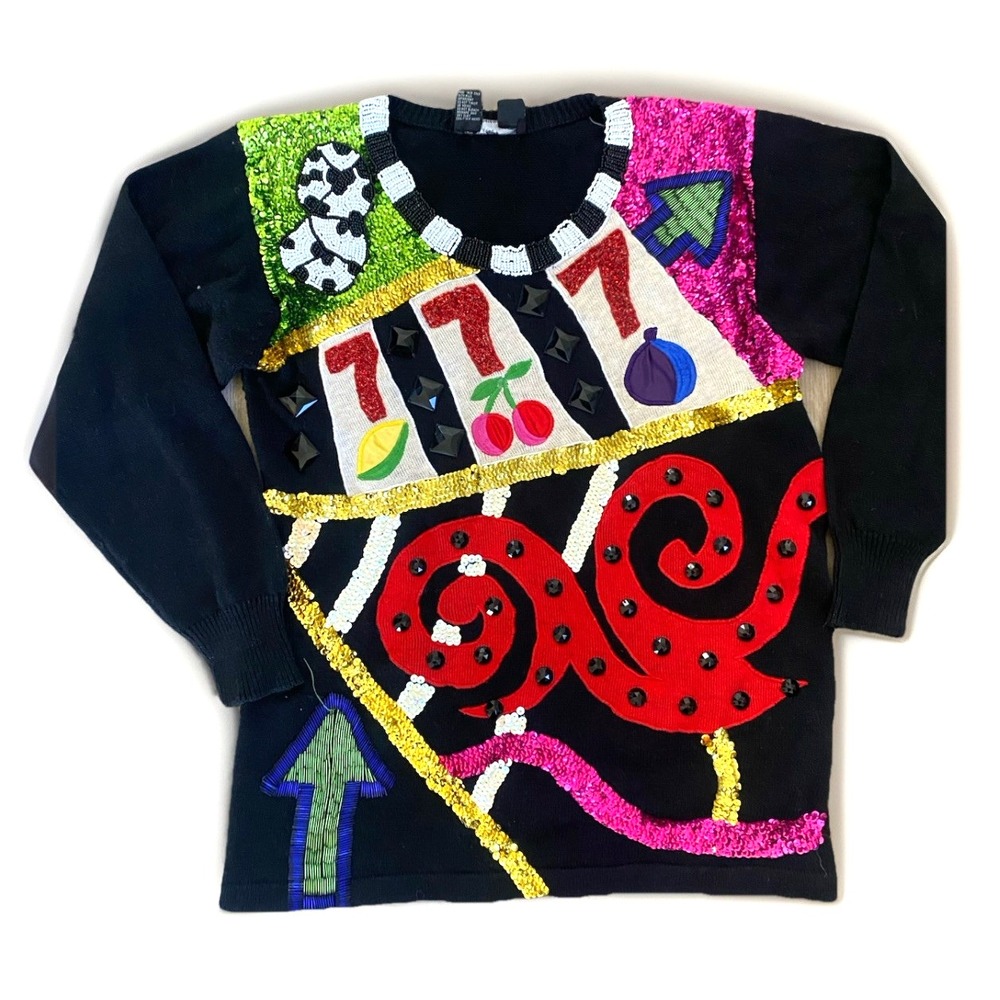 Vintage‎ 90s Sweater M Beaded Sequin Lucky Casino Vegas Gambling Mobwife Kidcore
